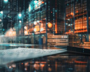 Futuristic digital art data visualization with binary code and warehouse elements