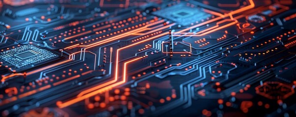 Obraz premium Futuristic abstract background design with neon lights, digital patterns, and dark tones, suitable for tech-themed designs