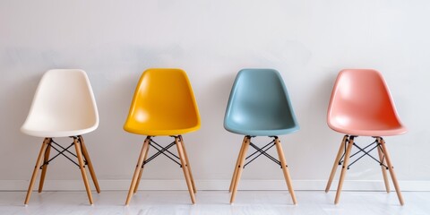 In an office waiting room, four chairs. Three white chairs and one blue chair await potential job hopefuls to be seated, interviewed, and possibly employed by human resources for a new profession.