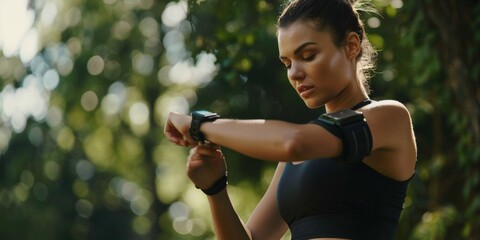 An athletic young mixed-race woman checks her digital smartwatch while training outside. Hispanic athlete uses fitness tracker with stopwatch to track progress, heart rate, and calories.