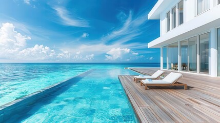 luxurious beachfront hotel with sleek white architecture infinity pool overlooking turquoise sea comfortable sunbeds on wooden deck tropical paradise ambiance