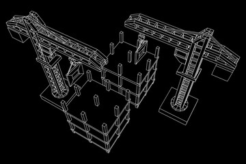 Construction crane tower. Building under construction industrial concept. Wireframe low poly mesh vector illustration.