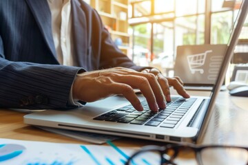 Businessman shopping online on laptop during a significant sale event for great deals