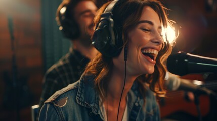People recording lyrics on studio microphones, music apps, or live streaming. Technology, voice media, and sound performance practice for singers, musicians, and friends