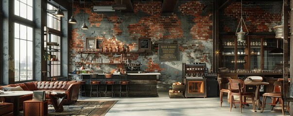 Industrial 3D room background with exposed brick walls, metal beams, and rustic furniture, ideal for urban and loft-style spaces