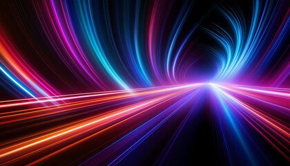 neon futuristic lightnings on black background. Background with moving light lines