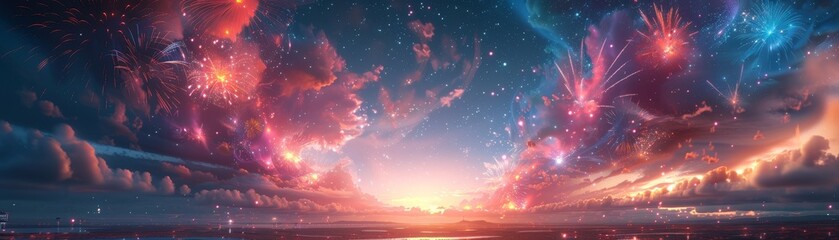 Fototapeta premium Glowing Spectacle: Vibrant Fireworks Illuminating Countryside Night Sky - Digital Art with Intricate Details