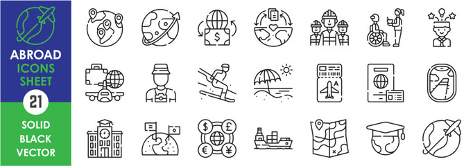 A set of line icons related to abroad. Study, job, trip, vacation, travel, plane, ship, tourist, map, university, skiing, passport, currencies and so on. Vector outline icons set.
