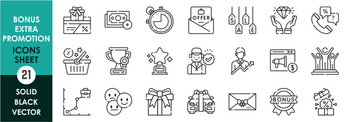 A set of line icons related to bonus, extra and promotion. Job, advertisement, payment, business, deal, gift, offer, reward, medal, prize, level, sale, and so on. Vector outline icons set.