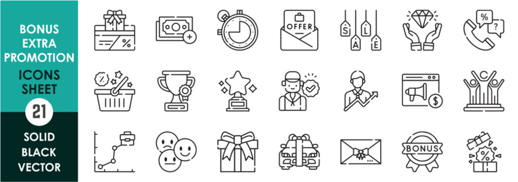 A set of line icons related to bonus, extra and promotion. Job, advertisement, payment, business, deal, gift, offer, reward, medal, prize, level, sale, and so on. Vector outline icons set.