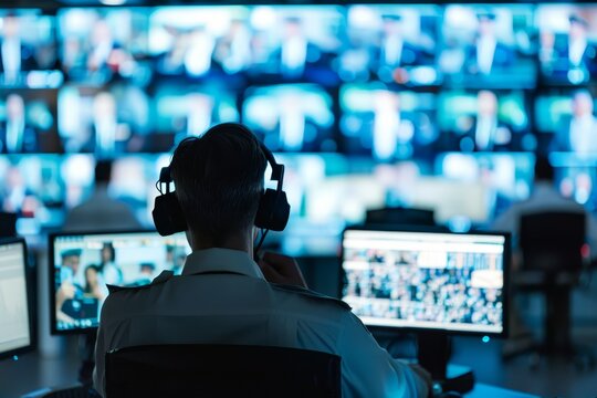 Security guards in video control room, legal office with police officer in call center, blurred shot