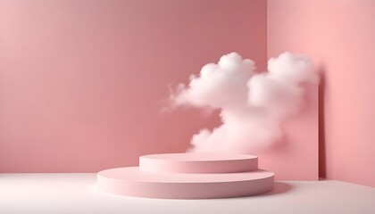 Background podium pink 3d product sky platform display cloud pastel scene render stand. Pink podium stage minimal abstract background beauty dreamy space studio pedestal smoke showcase geometric white