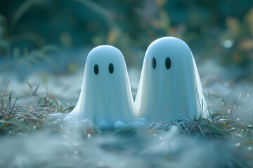 Charming ghost figures sit serenely in a misty field, evoking a whimsical and playful atmosphere.
