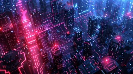 Obraz premium Futuristic Smart Cyber City illustration: Innovative Urban Landscape in Digital Circuitry, futuristic technology concept, Graphic Resources, Wallpapers, Brochure, Websites, banner design, Advertising,