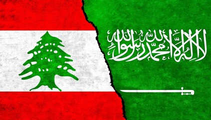 Saudi Arabia and Lebanon flags together on wall. Lebanon Saudi Arabia relations, economy, conflict, agreement concept. Saudi Arabia vs Lebanon