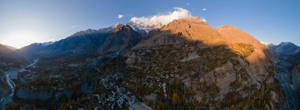 Aerial view of majestic Hunza Valley at sunset, Gilgit-Baltistan, Pakistan.