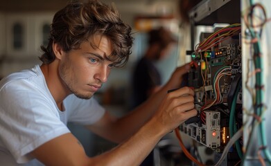 Young technician working on a computer motherboard with precision in a tech lab