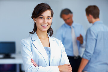 Fototapeta premium Portrait, business and woman with confidence in office for ambition, accounting or career experience as finance consultant. Happy, female accountant and arms crossed for pride, opportunity and growth