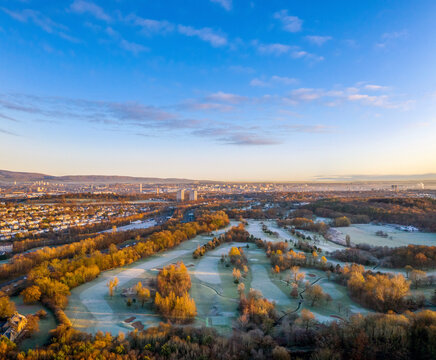 Aerial view of Pollock Golf Course with misty morning sunrise, Glasgow, Scotland.