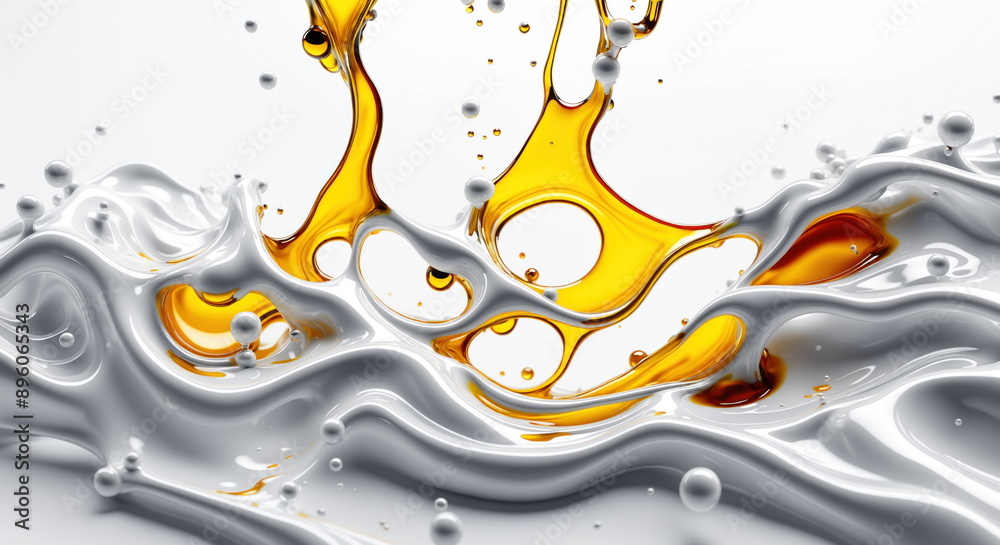 Poster golden liquid splashing and rippling on a reflective surface, creating a beautiful and dynamic patte
