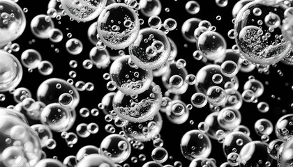 Small round air bubbles in transparent liquid soda against dark backdrop. Bubbles vary in size and seem to float freely