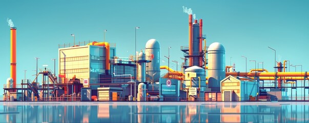 Modern Industrial Plant with Safety Equipment and Clear Signs - Minimalist Digital Art