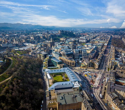 Aerial view of Edinburgh cityscape with Omni Centre, Scotland, United Kingdom.