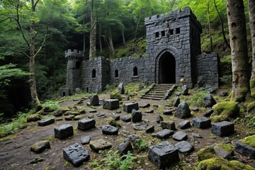 A stone fortress with a large entrance stands amidst a dense, verdant forest, surrounded by moss-covered rocks