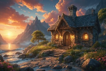 Naklejka premium A stone cottage sits on a slope by a calm lake at sunset, with mountain peaks in the distance and a sky filled with orange and pink hues