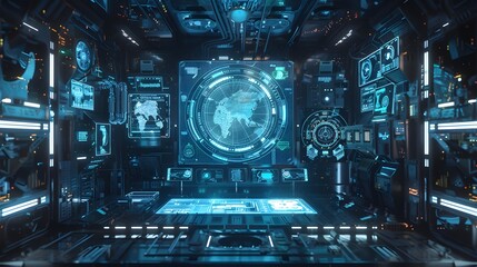 Futuristic Control Room with Global Interface