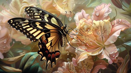 An exquisite painting of a delicate butterfly resting on a blooming flower, intricately rendered on the surface of glass. 
