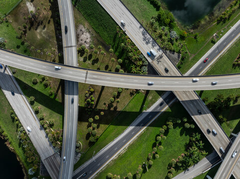 Aerial view of Sawgrass Interchange with highway, road, and bridge, Davie, Florida, United States.