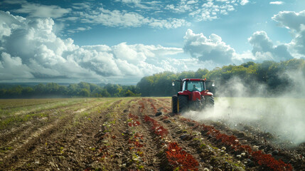 Fototapeta premium Red tractor plowing field under a cloudy blue sky