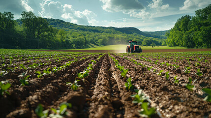Obraz premium Farm tractor working on green fields with mountains.