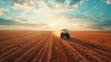 Naklejka premium Tractor at sunrise with empty field and blue sky.