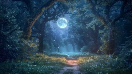 A mystical forest bathed in the ethereal glow of a full moon. The path ahead is shrouded in mystery.
