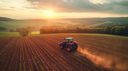 Tractor drives into a sunset in a planted landscape.