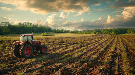 Obraz premium Tractor idle in a green field under dynamic clouds.