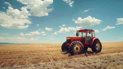 Obraz premium Red tractor in a yellow harvested field under blue sky