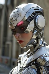 Fototapeta premium Cyborg girl with red eyes, metal suit, 3d illustration. An advanced cyborg android female character with a human face. 