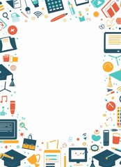Obraz premium A minimalist flat design vector backdrop for e-learning, with a blank central space surrounded by a border of educational elements. The border features icons like keyboards, screens, and graduation