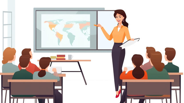 Woman teacher in the classroom isolated on pure white background