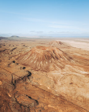 Aerial view of volcanic landscape in Montana de la Raya, Fuerteventura, Canary Islands, Spain.