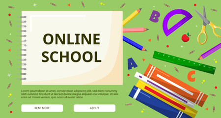 Online School. Banner template for website and mobile app development. Modern design template with school accessories. Vector illustration EPS10