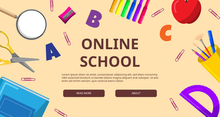 Online School. Banner template for website and mobile app development. Modern design template with school accessories. Vector illustration EPS10
