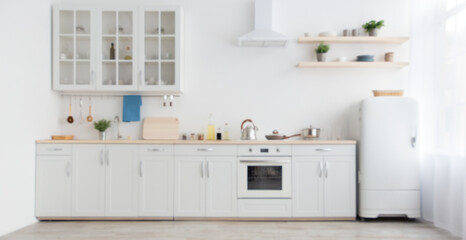 Minimal cozy light home style, scandinavian interior after repair. White furniture with utensils, shelves with crockery and plants in pots, refrigerator in simple dining room, panorama, empty space