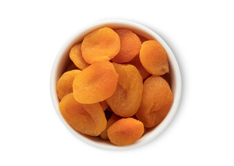Ceramic bowl with dried soft orange healthy apricots isolated on white background.Top view.