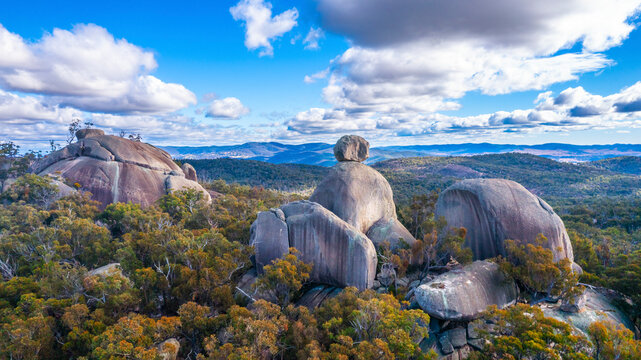 Aerial view of Granite Belt with Turtle Rock and The Sphinx, Girraween National Park, Queensland, Australia.