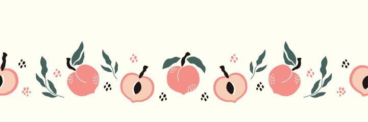 Seamless horizontal pattern with peaches and leaves. Modern texture with fresh fruit. 