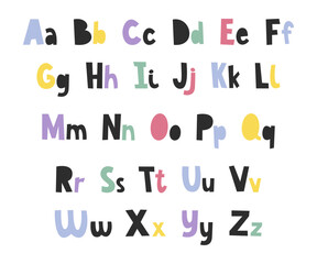 Fun and colorful alphabet with capital and lowercase letters. Children's font for designing cards, posters, clothes.